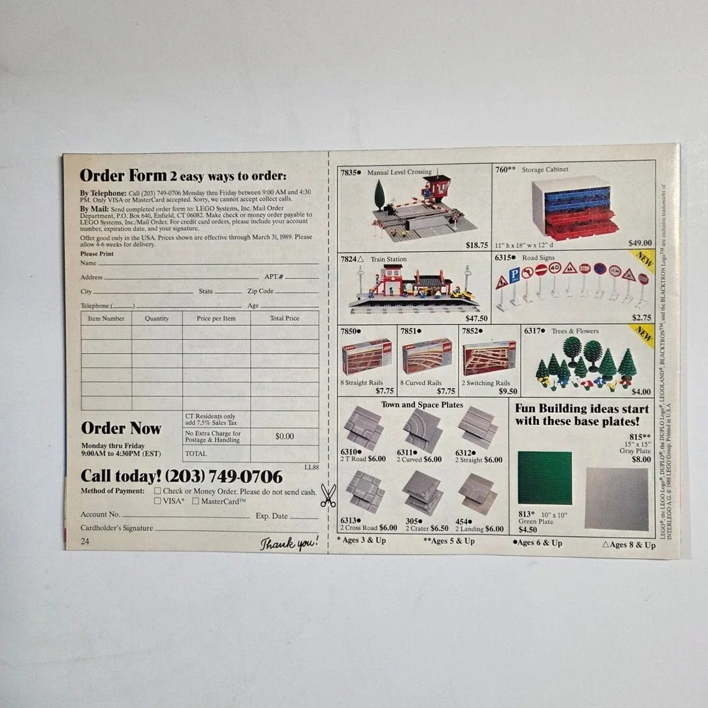 LEGO Legoland Order Form Catalog 1988 Vintage Multi-Color Town Space Castle 6315